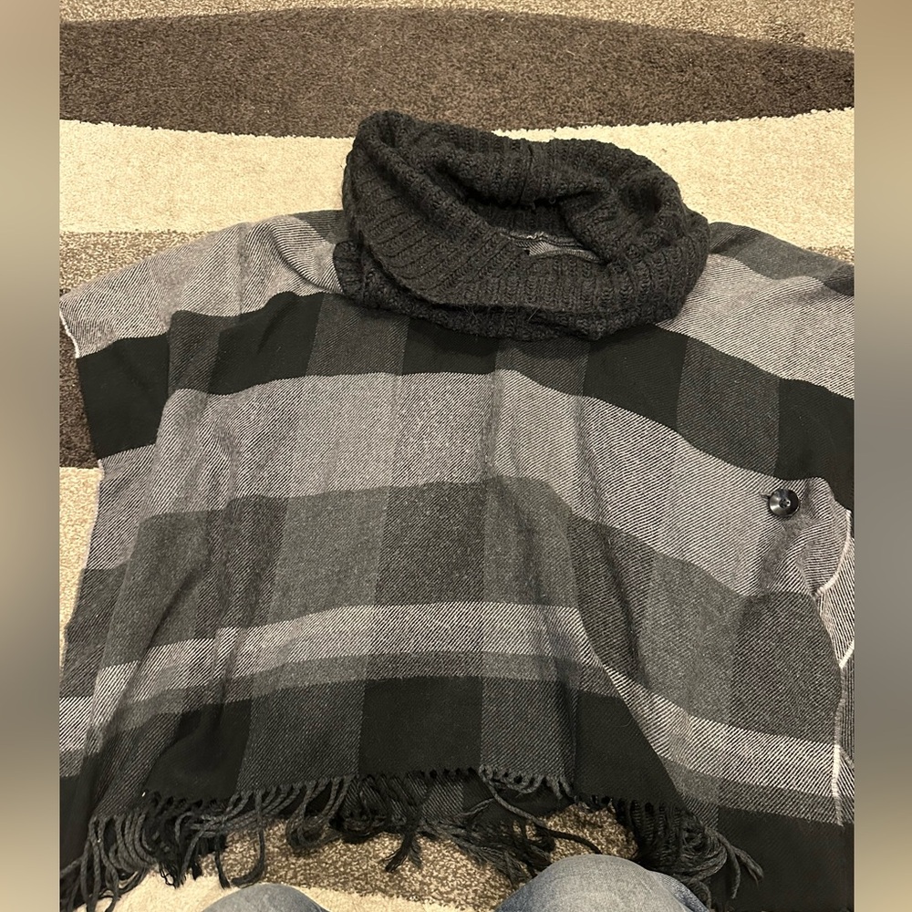 Plaid Poncho with Cowl Neck